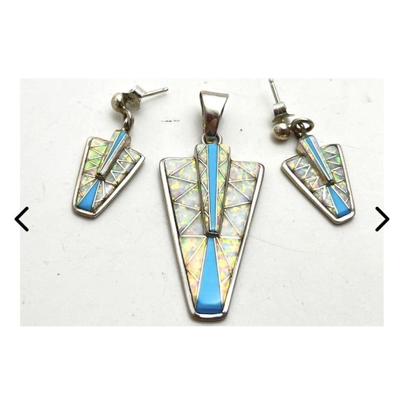 Southwest Jewelry - Turquoise/Opal Inlay Signed Pendant & Earrings Set